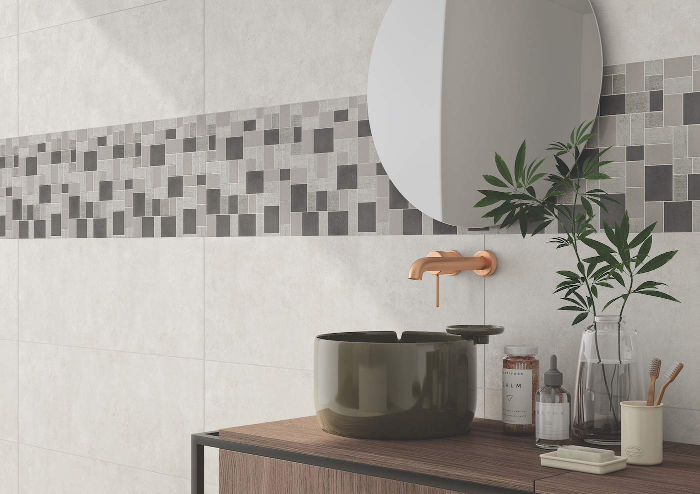 Cameo grau 35x100 Steingut, light-grau 30x30 Mosaik