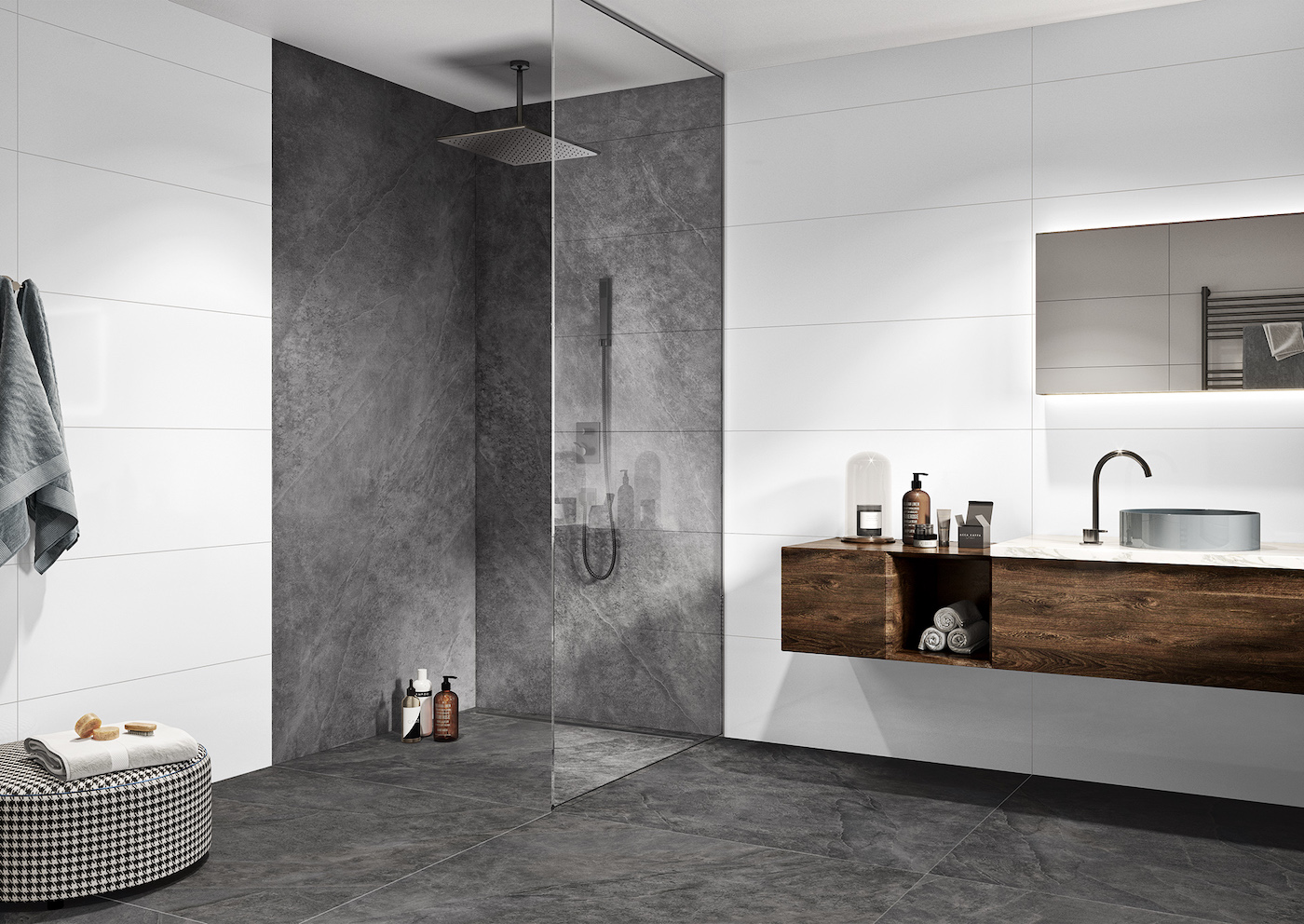 wall: Pure White #6MM Y12980001 white mat 40x120 wall tile, 6mm, Kalmit #6MM Y13815001 graphite 120x260 porcelain gres, 6mm