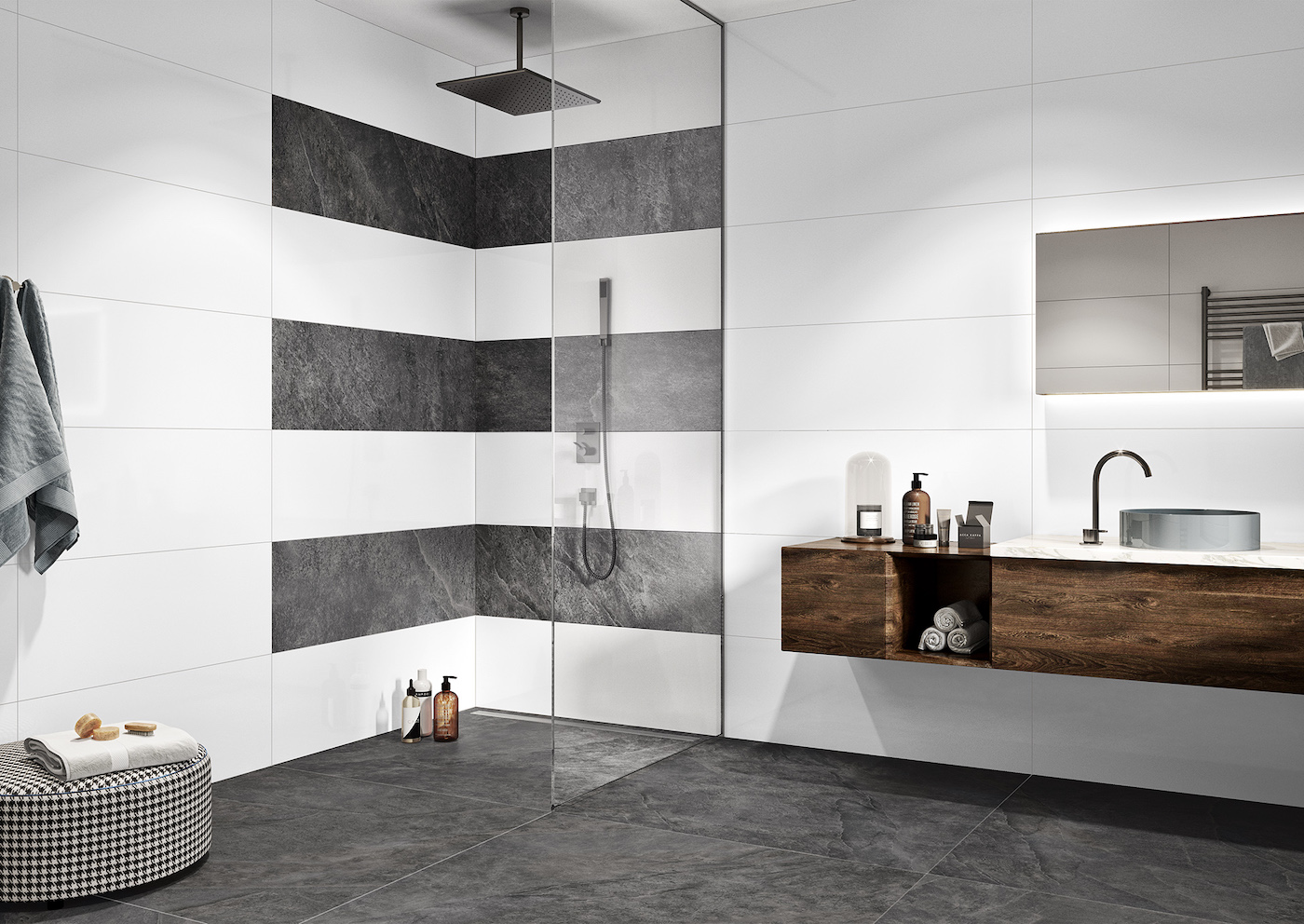 wall: Pure White #6MM Y12975001 white glossy 40x120 wall tile, 6mm, Kalmit #6MM Y12965001 graphite 40x120 porcelain gres, 6mm